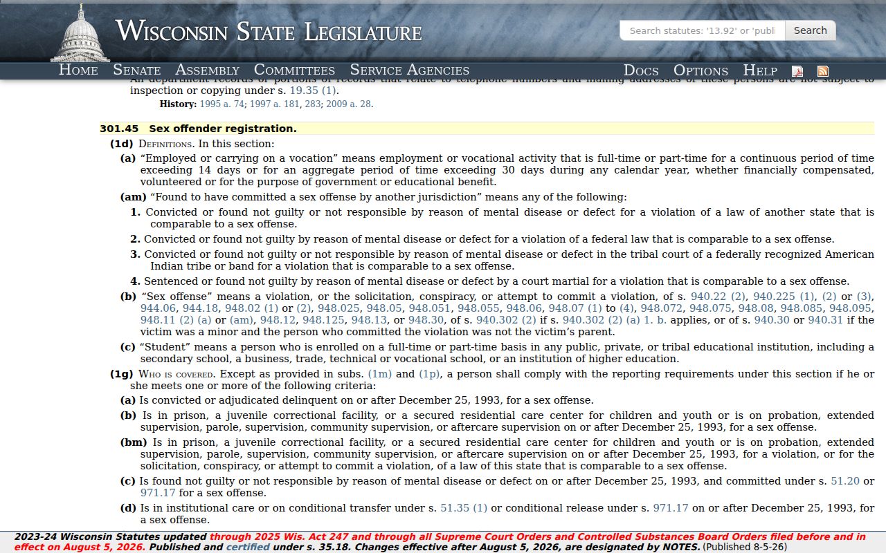 Racine County sex offender registration requirements in Wisconsin law