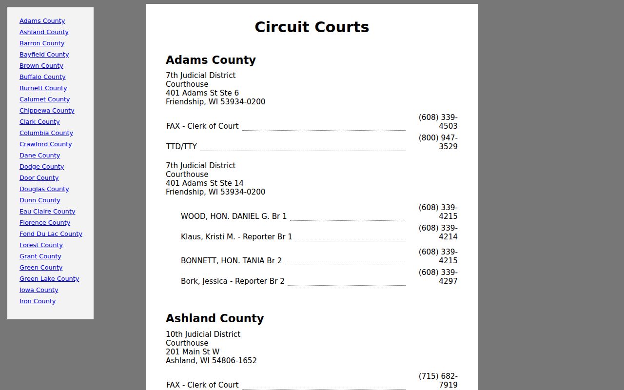 Current Racine County criminal court branches in the Wisconsin circuit court directory