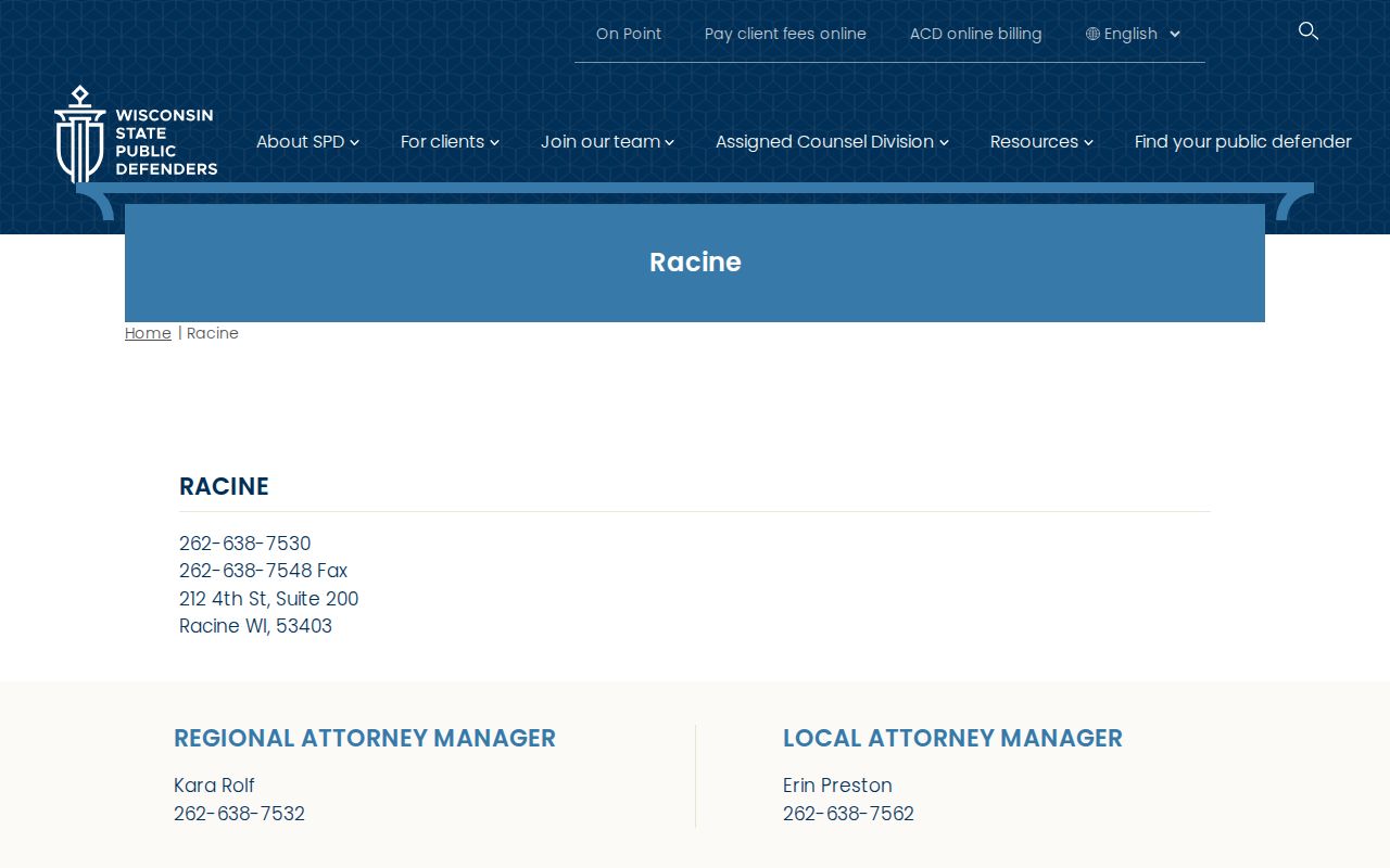 Racine County criminal court case resource for the State Public Defender office