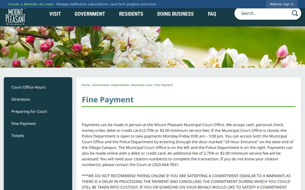 Mount Pleasant criminal records commitment payment warning on the municipal court page