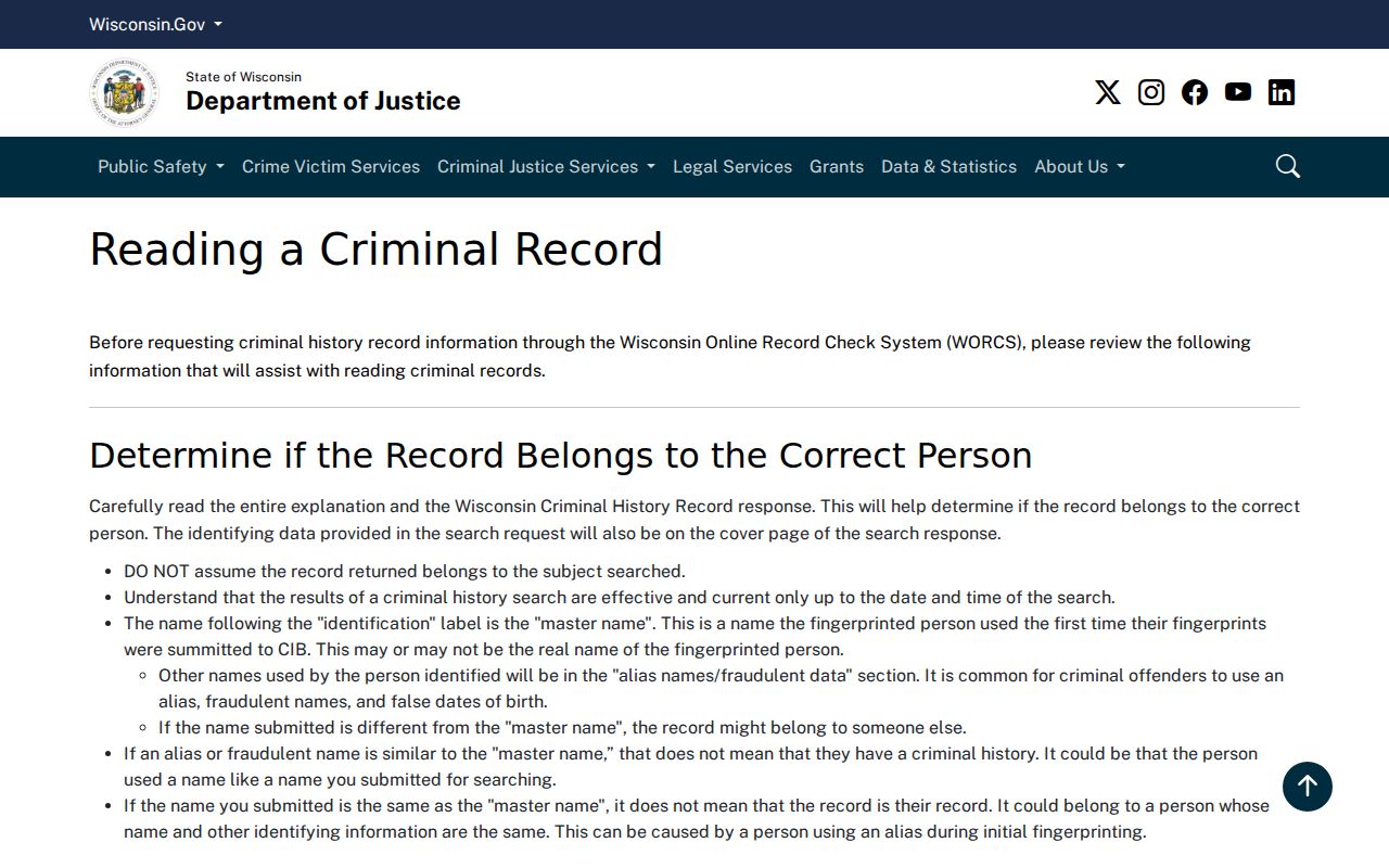 Wisconsin DOJ guidance for reading Racine County criminal history