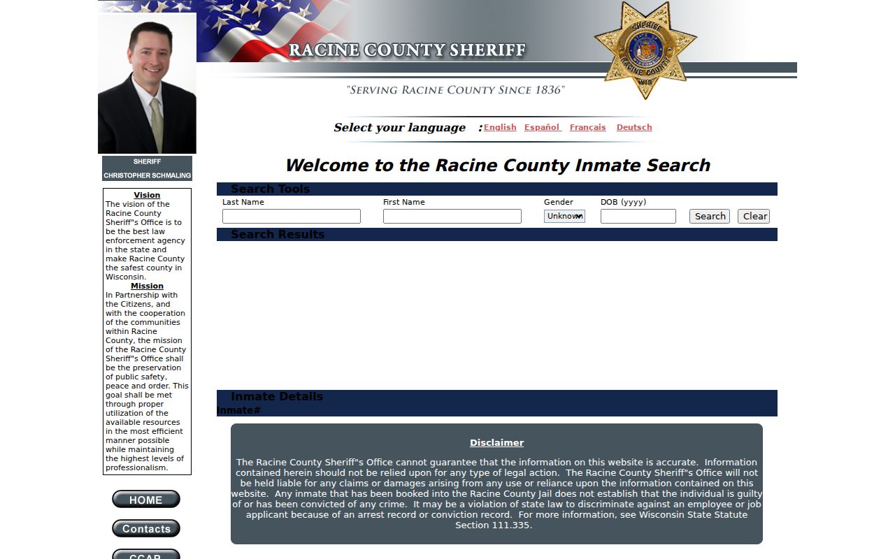 Racine County criminal booking and inmate locator search
