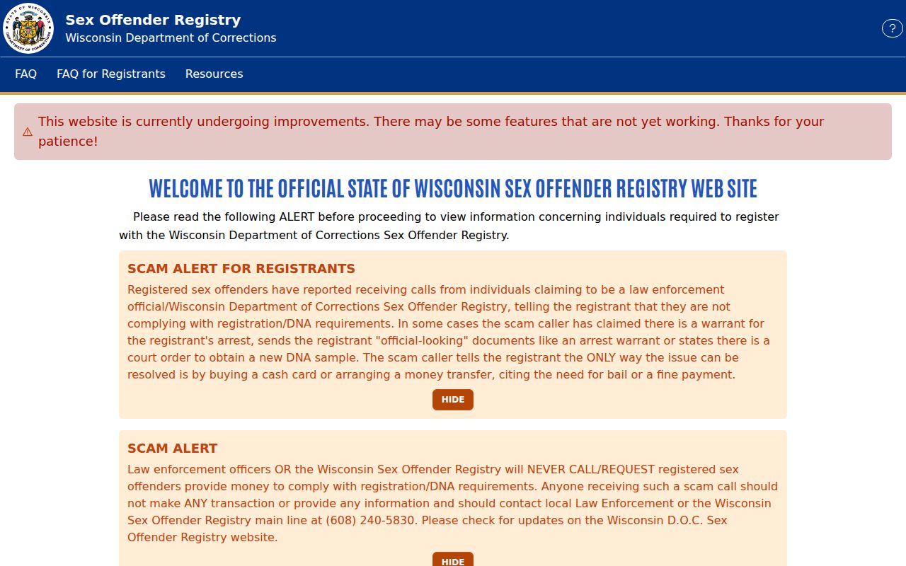 Wisconsin Sex Offender Registry for Racine County public safety checks